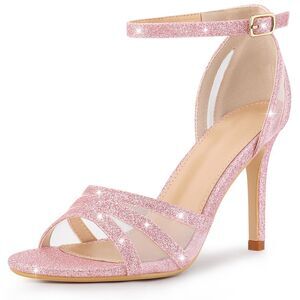 Glitter Heel Ankle Strap Stiletto Heels Pumps Sandals for Women Pink